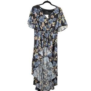 Bloomchic Size 12 High‎ Low Sheer Layering Top Black Blue Floral Bohemian Flowy